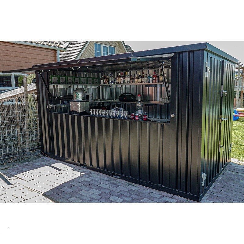 Vue latérale du conteneur bar avec auvent ouvert et double porte